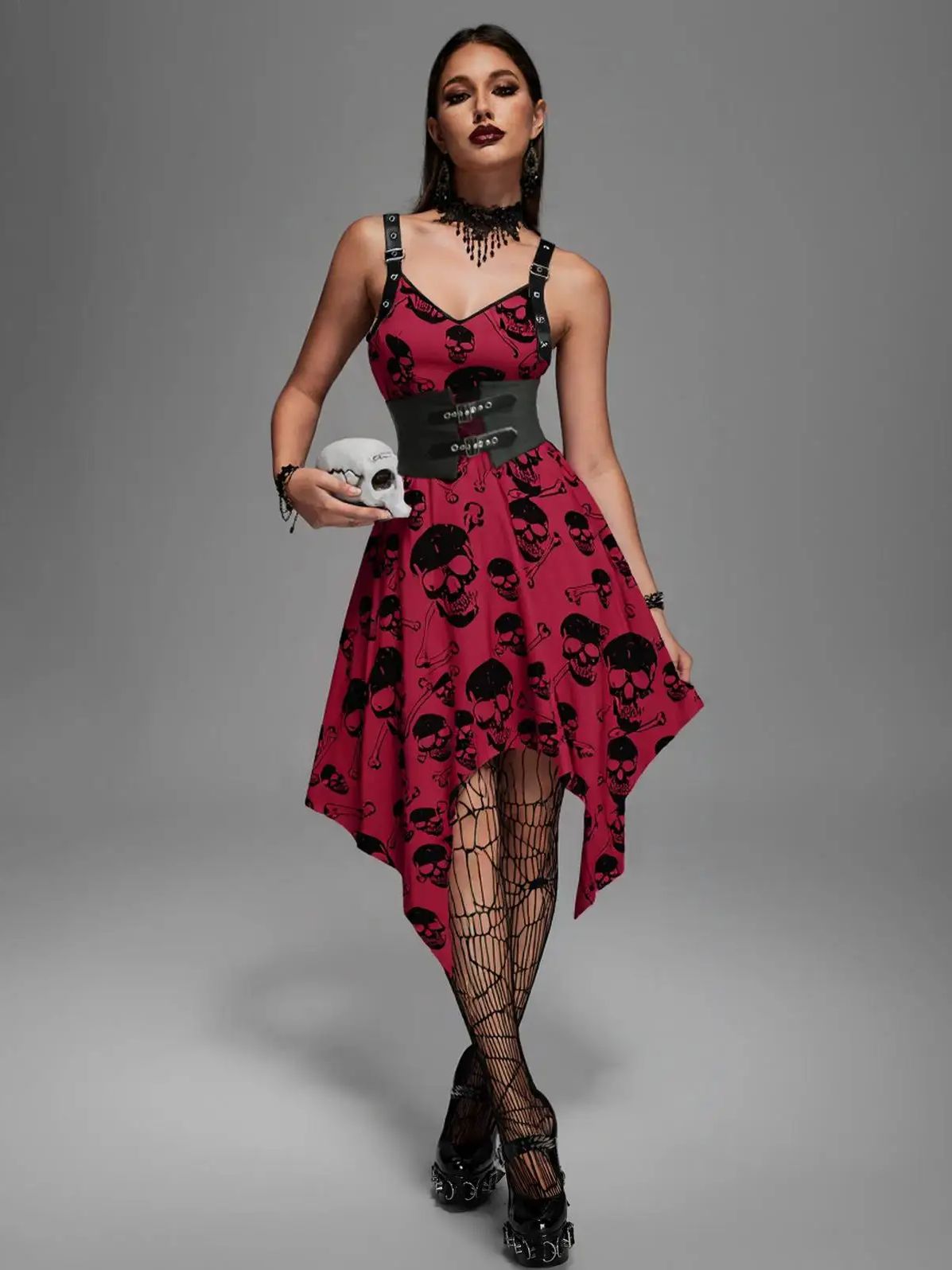Leather Belt Braided - Gothic Skull Bone Printed Dress With